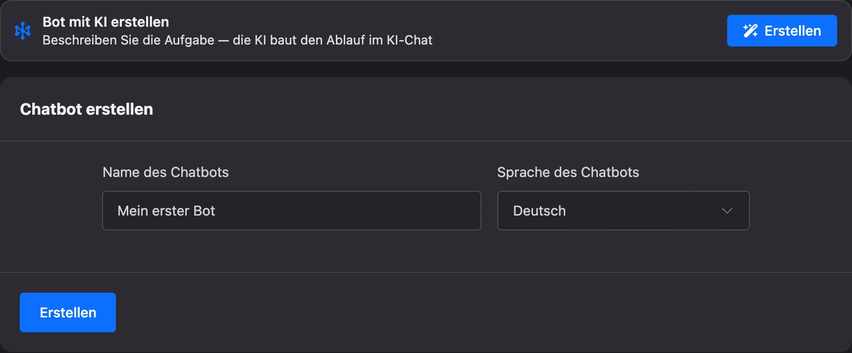Formular zum Erstellen eines Bots: Block „Bot mit KI erstellen“, Name und Sprache