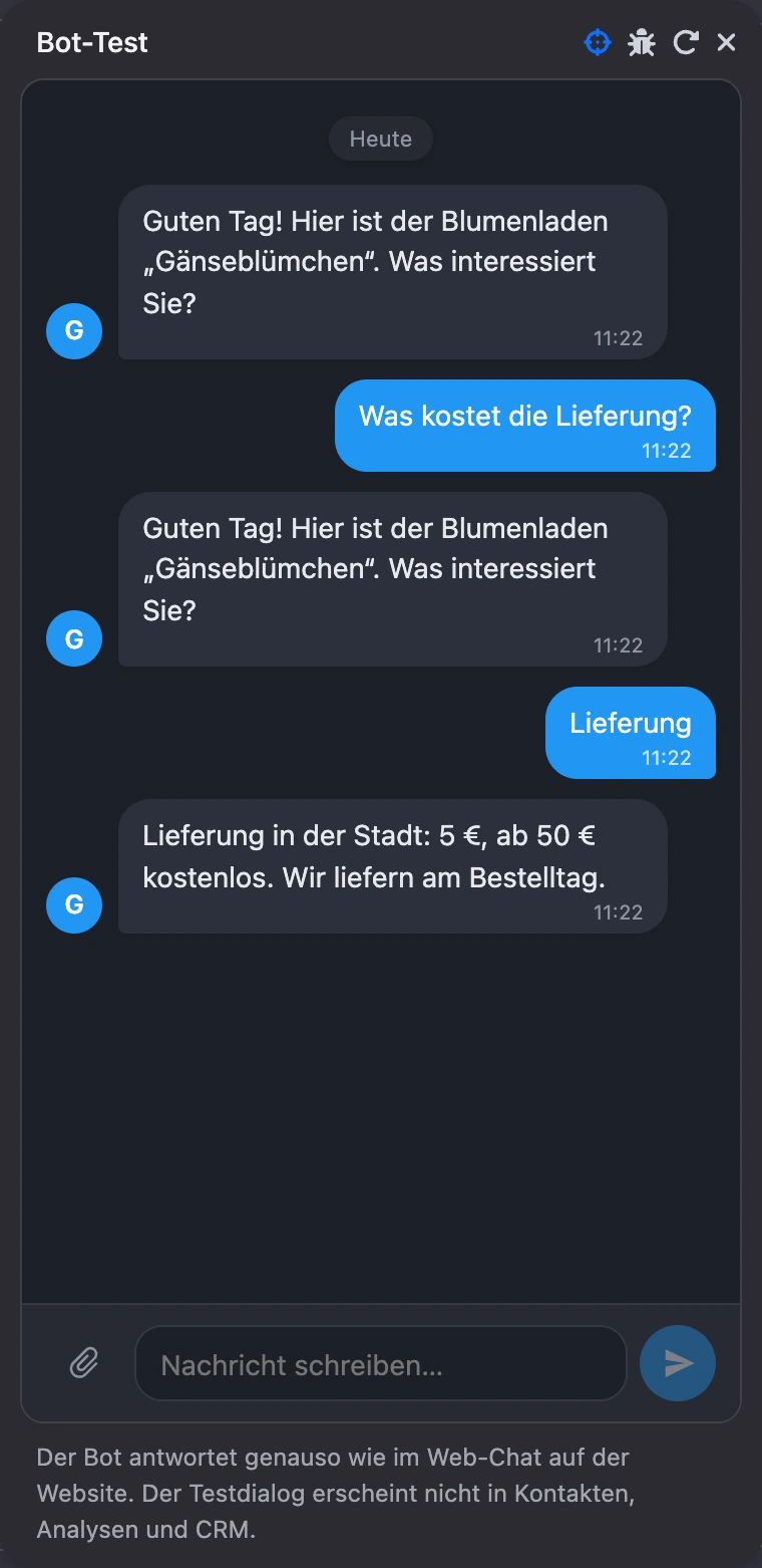 Fenster „Bot testen“: Auf „Was kostet die Lieferung?“ wiederholt der Bot die Frage, auf „2“ antwortet er zur Lieferung