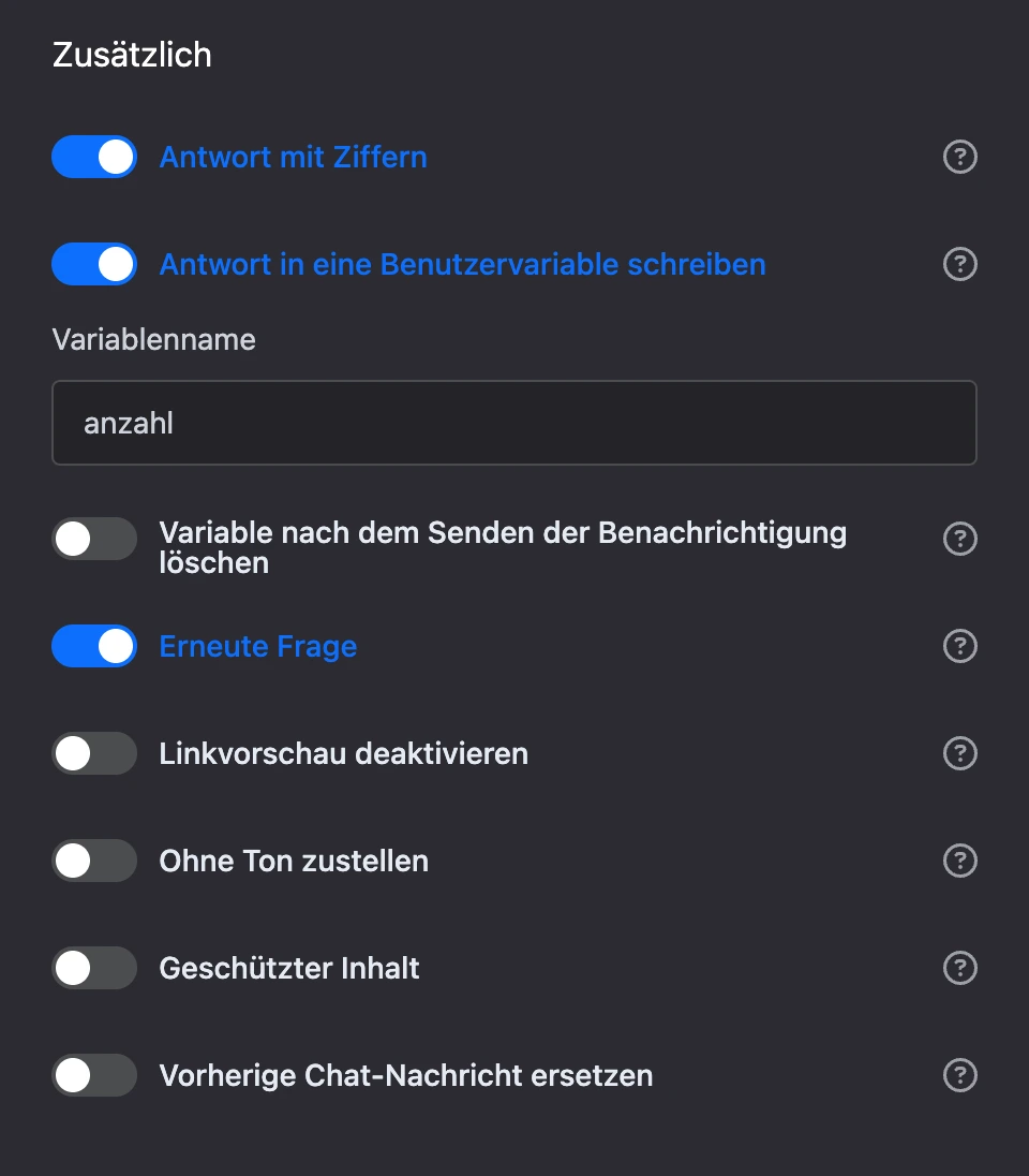 Bereich „Erweitert“: Antwort mit Ziffern, Antwort in Variable speichern, Frage wiederholen und weitere Schalter
