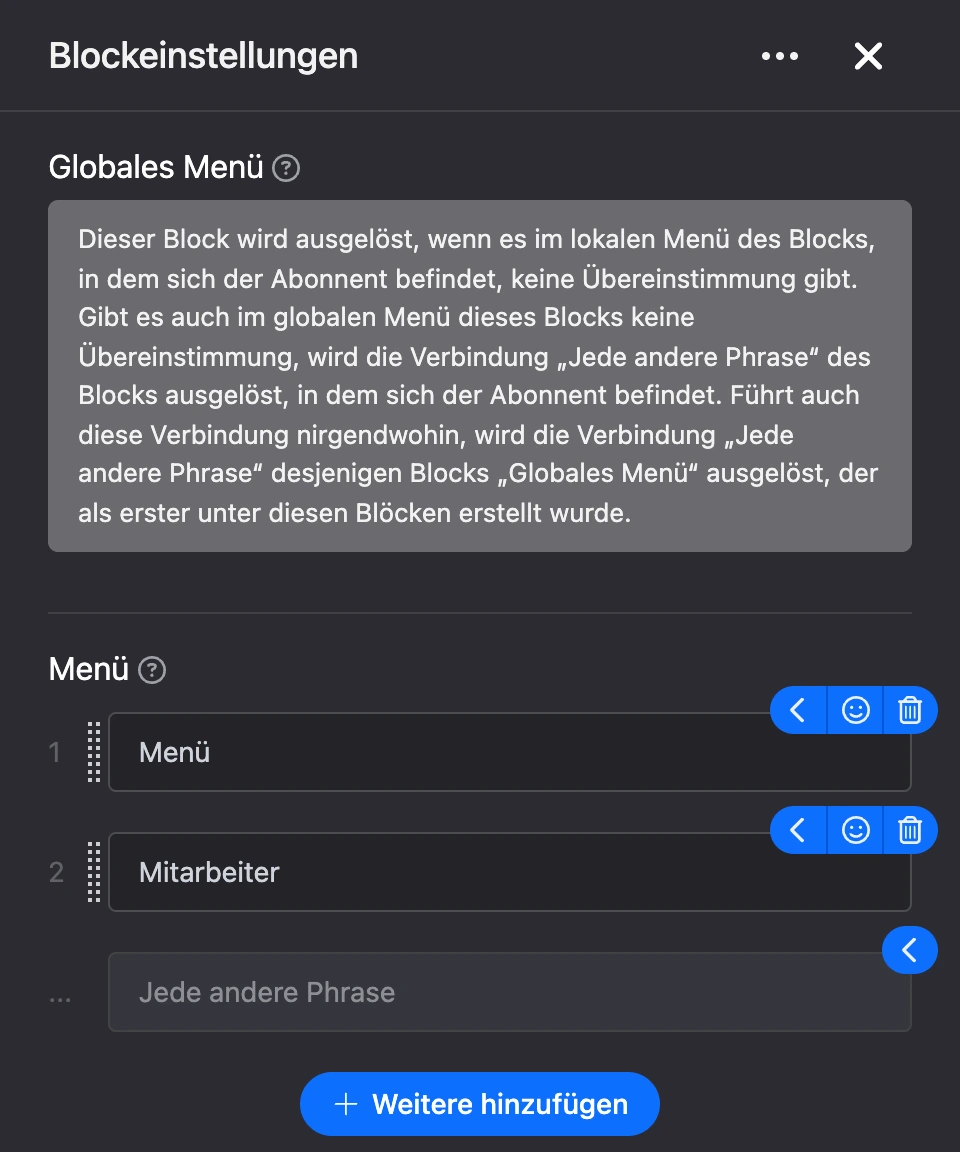 Einstellungspanel des Blocks „Globales Menü“