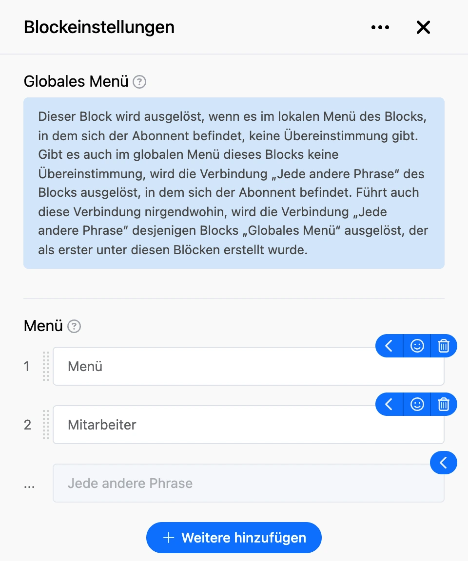 Einstellungspanel des Blocks „Globales Menü“