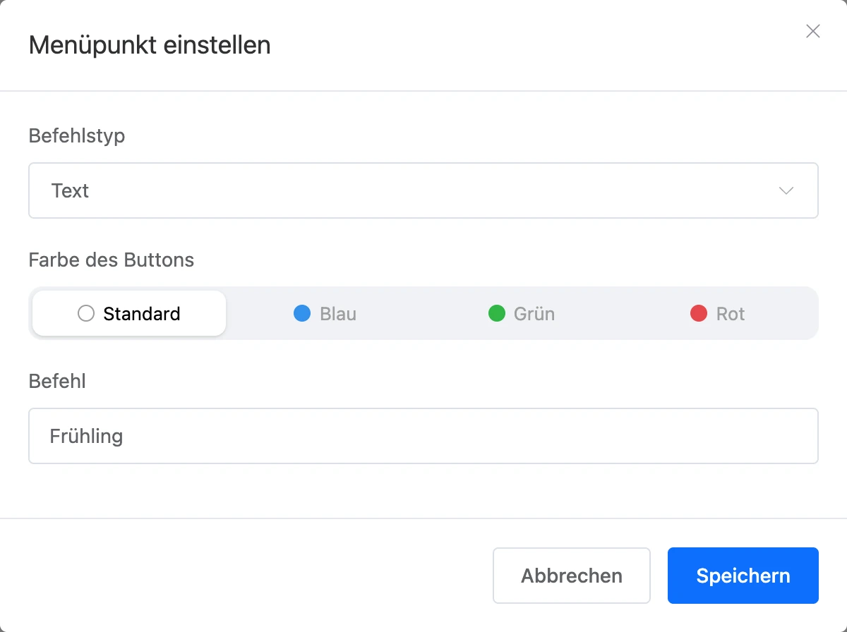 Fenster „Menüpunkt-Einstellungen“: Befehlstyp, Buttonfarbe und Befehl