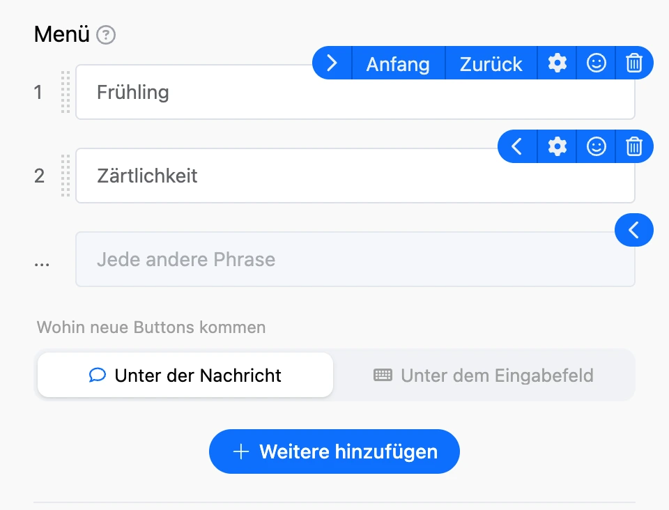 Bereich „Menü“: nummerierte Buttons, Symbole in der Button-Zeile, „Beliebige andere Phrase“ und wohin neue Buttons kommen