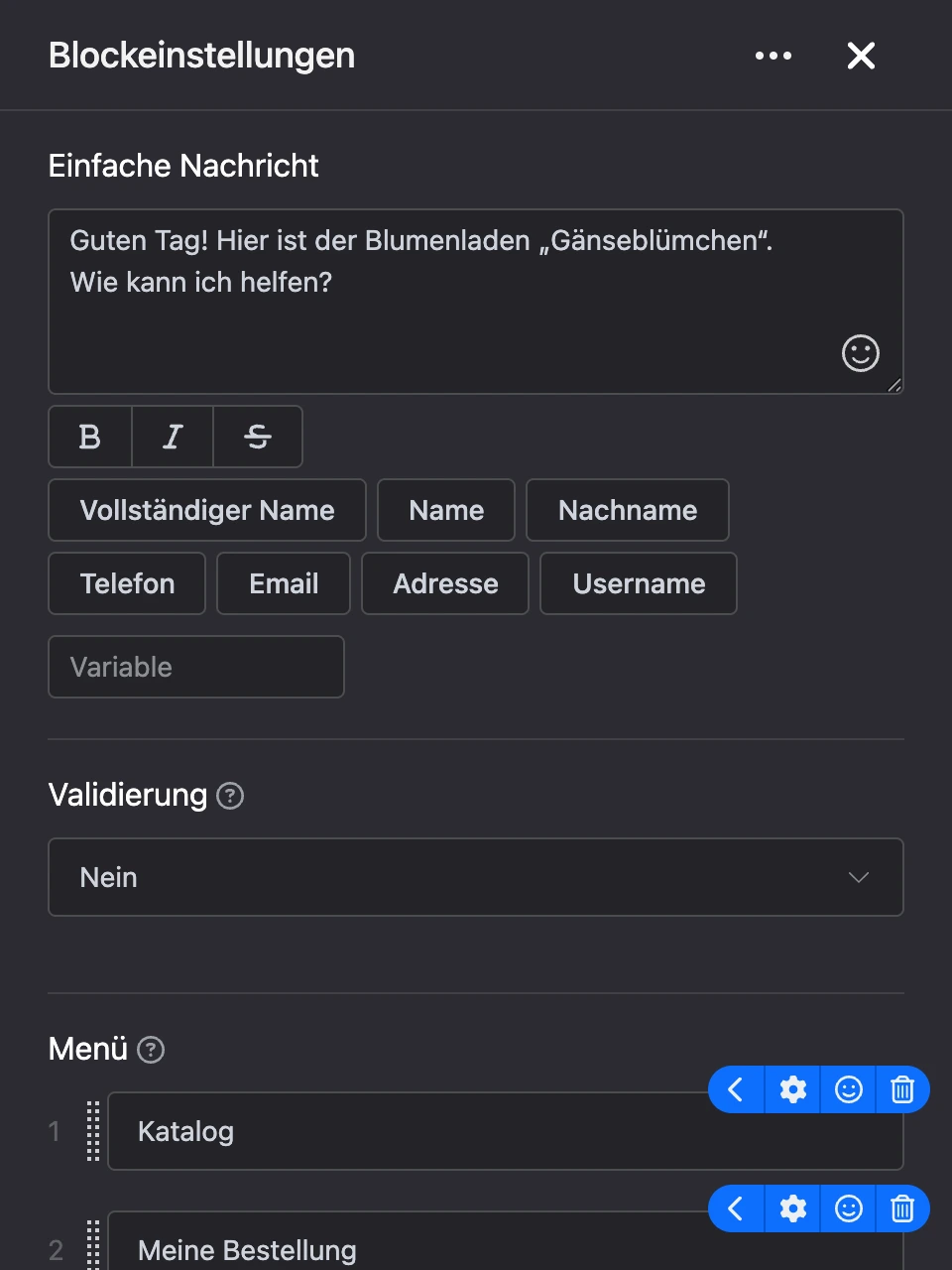 Einstellungspanel des Blocks „Einfache Nachricht“