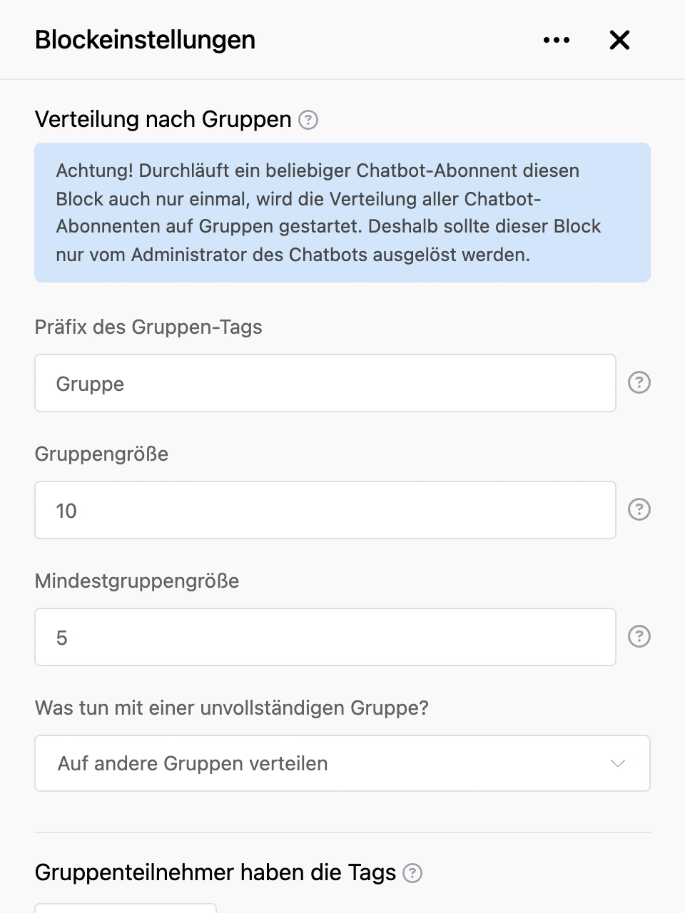Einstellungspanel des Blocks „Verteilung nach Gruppen“