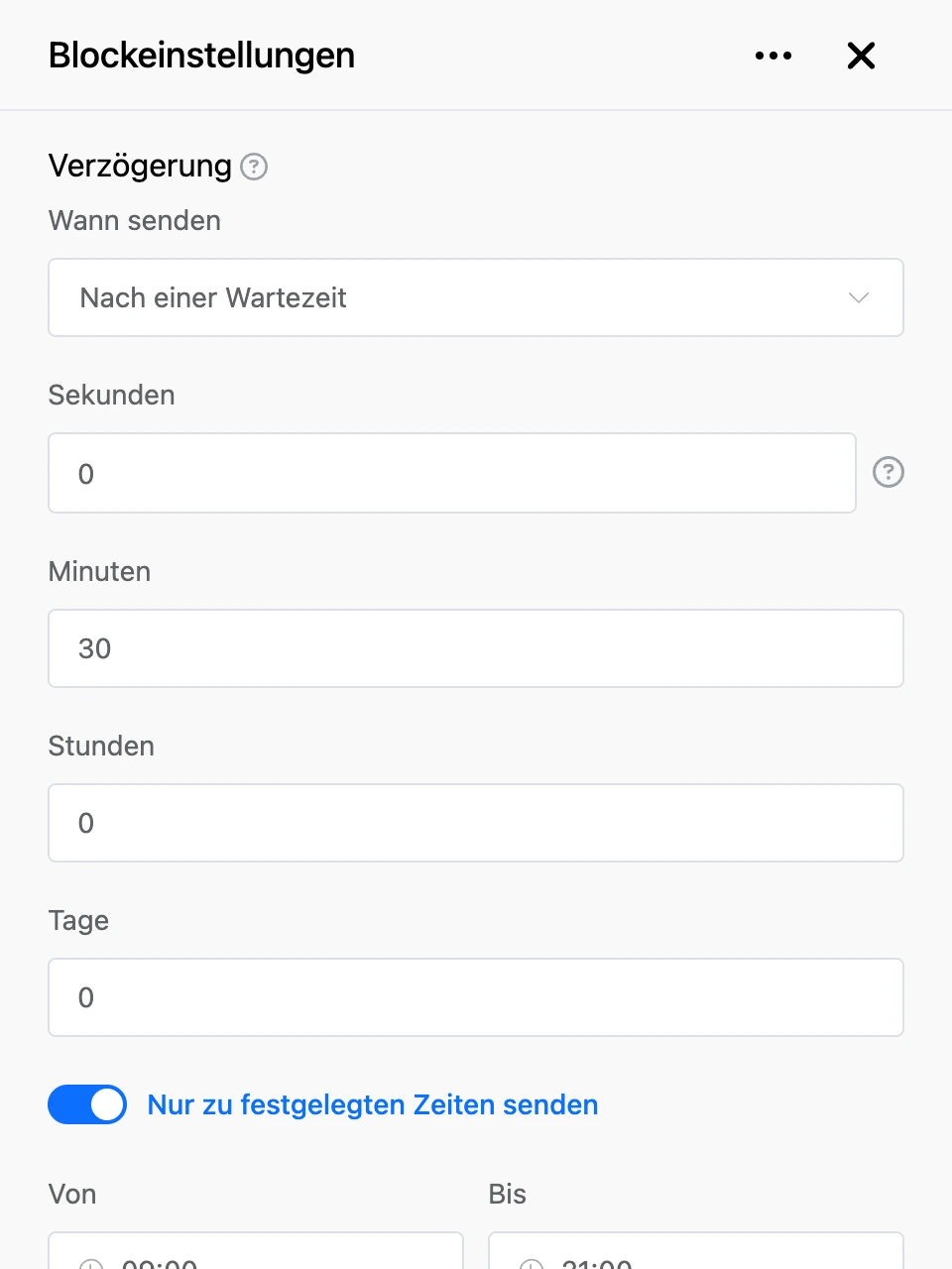 Einstellungspanel des Blocks „Verzögerung“