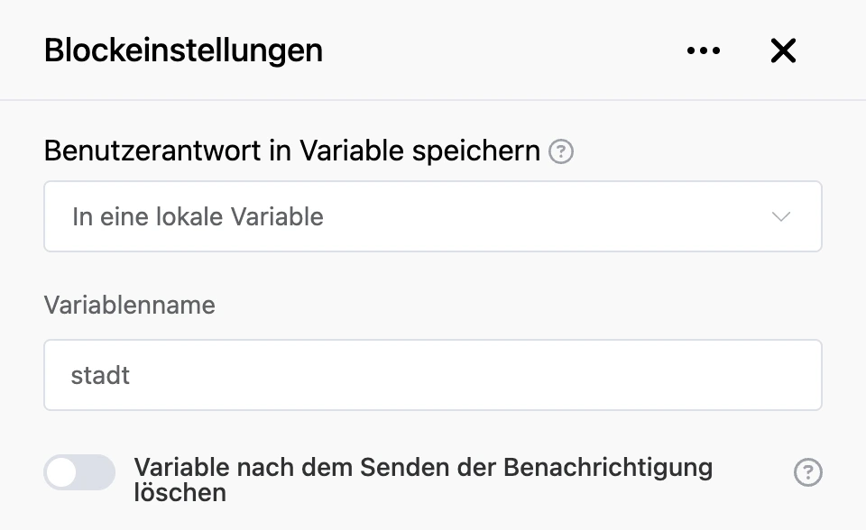 Einstellungspanel des Blocks „Benutzerantwort in Variable speichern“