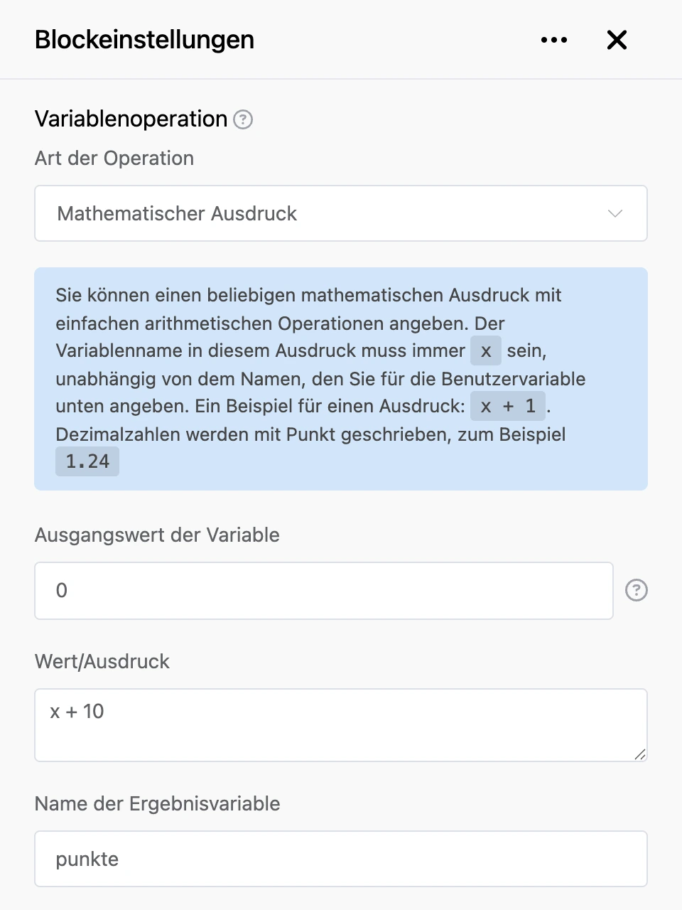 Einstellungspanel des Blocks „Variablenoperation“
