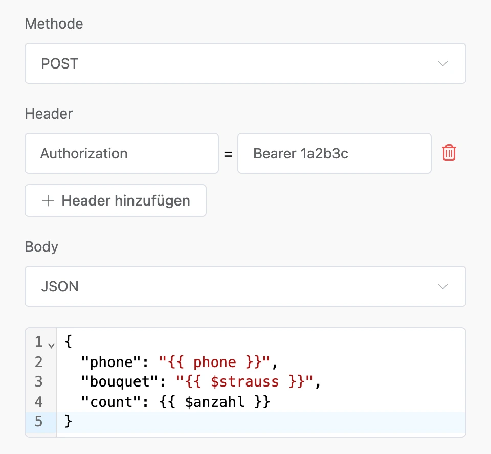 POST-Anfrage mit Authorization-Header und JSON-Body mit Platzhaltern
