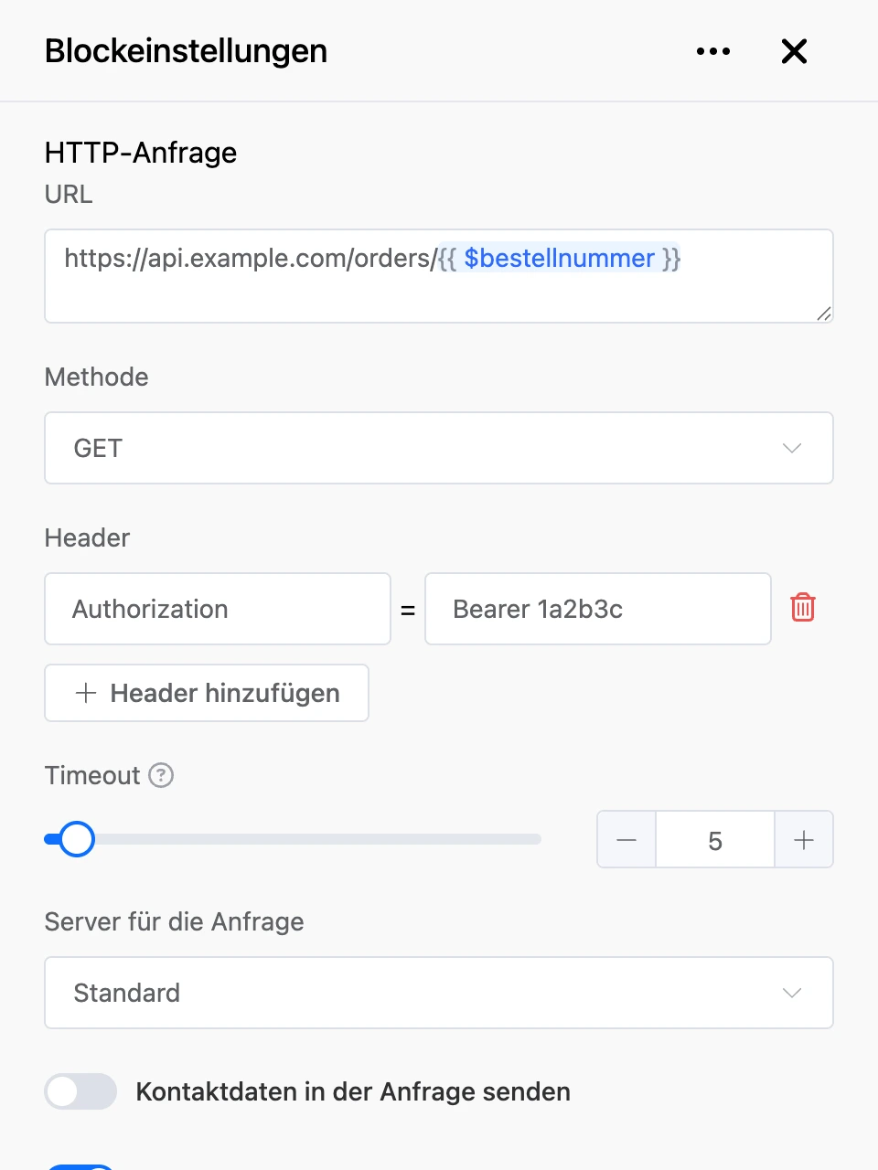 Einstellungspanel des Blocks „HTTP-Anfrage“