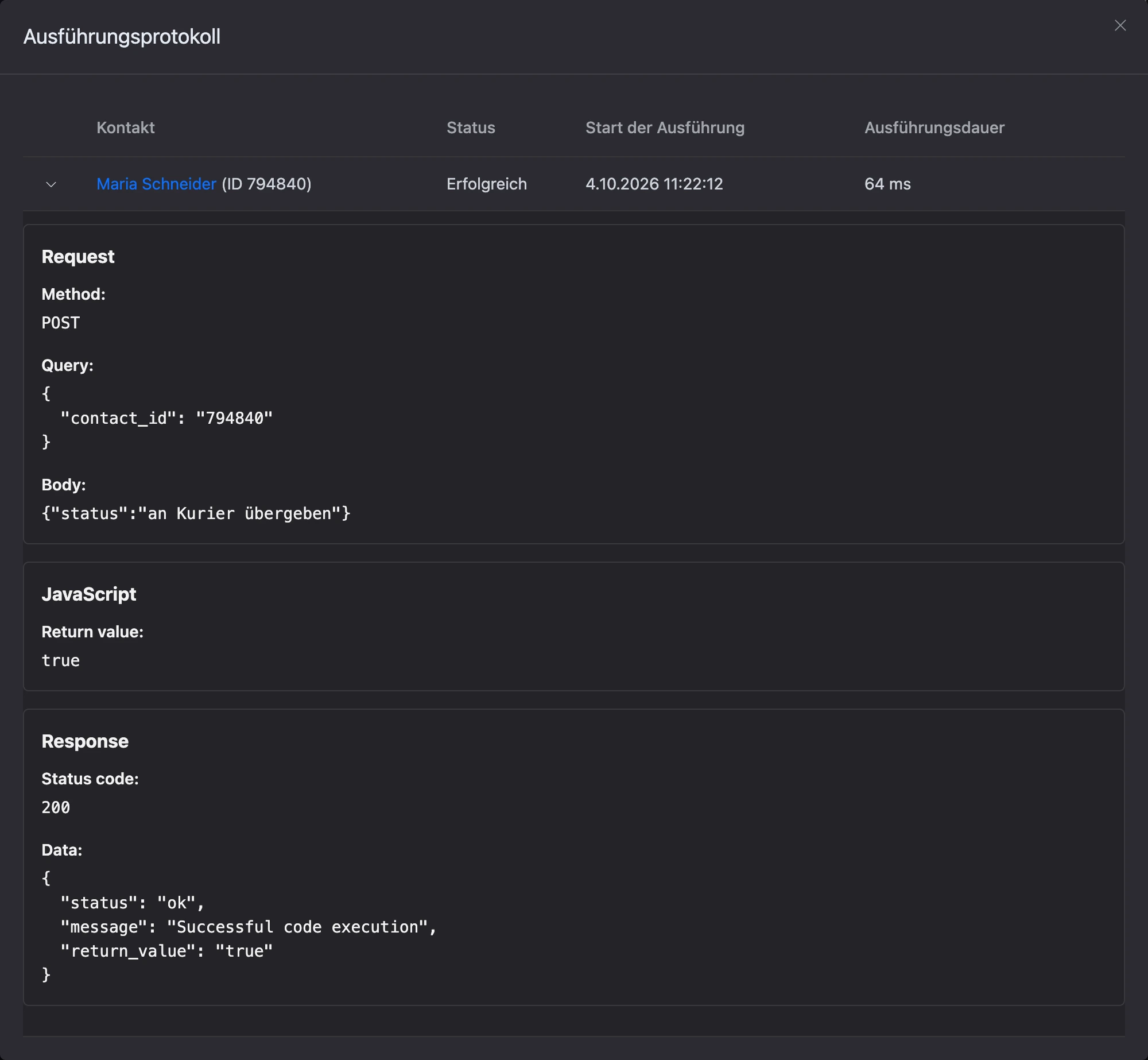 „Ausführungsprotokoll“ des eingehenden Webhooks: Methode, Parameter und Body der Anfrage, Rückgabewert und Antwort des Blocks