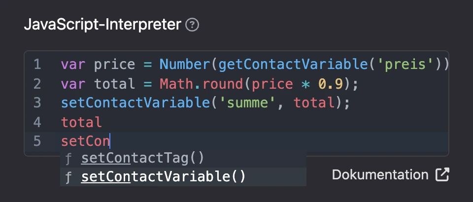 Code-Editor mit Vorschlag: zu „setCon“ werden setContactTag() und setContactVariable() angeboten