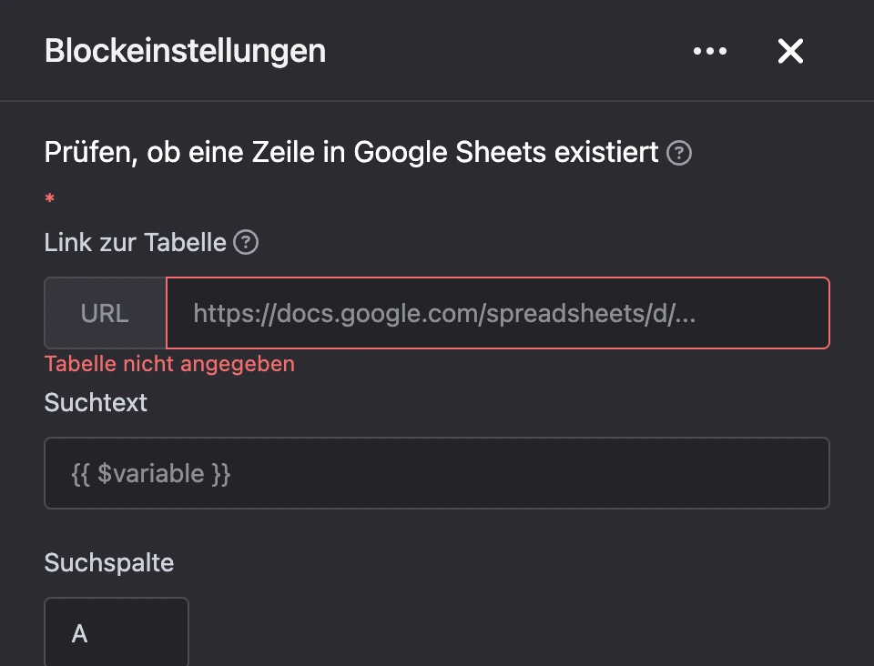 Einstellungspanel des Blocks „Prüfen, ob eine Zeile in Google Sheets existiert“