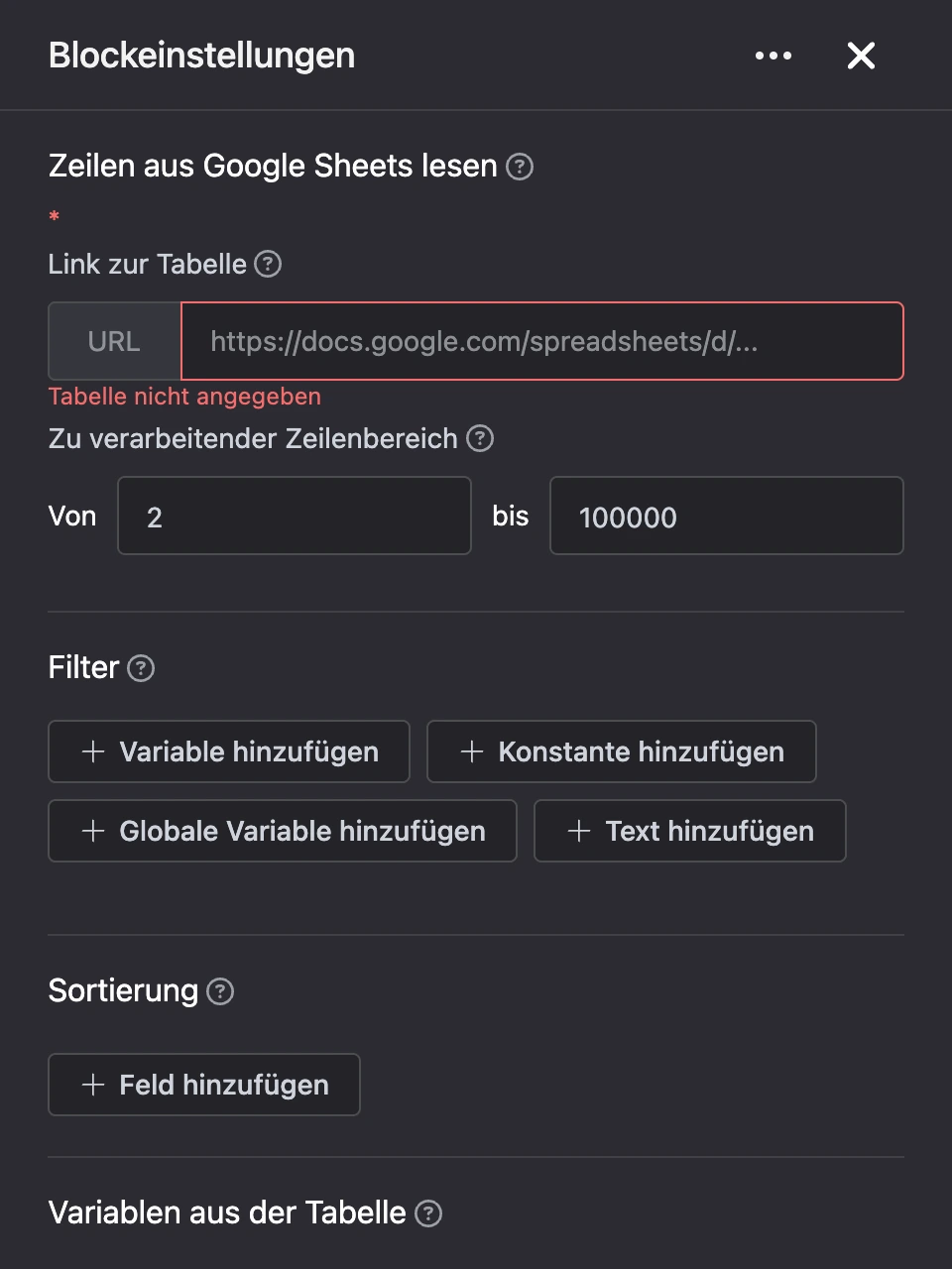 Einstellungspanel des Blocks „Zeilen aus Google Sheets lesen“
