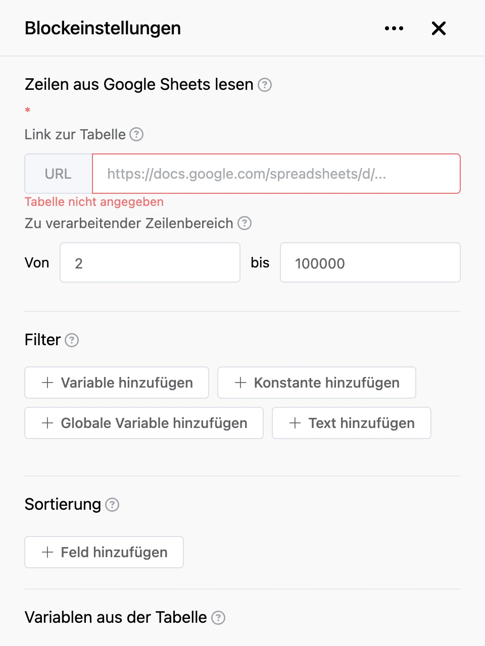 Einstellungspanel des Blocks „Zeilen aus Google Sheets lesen“