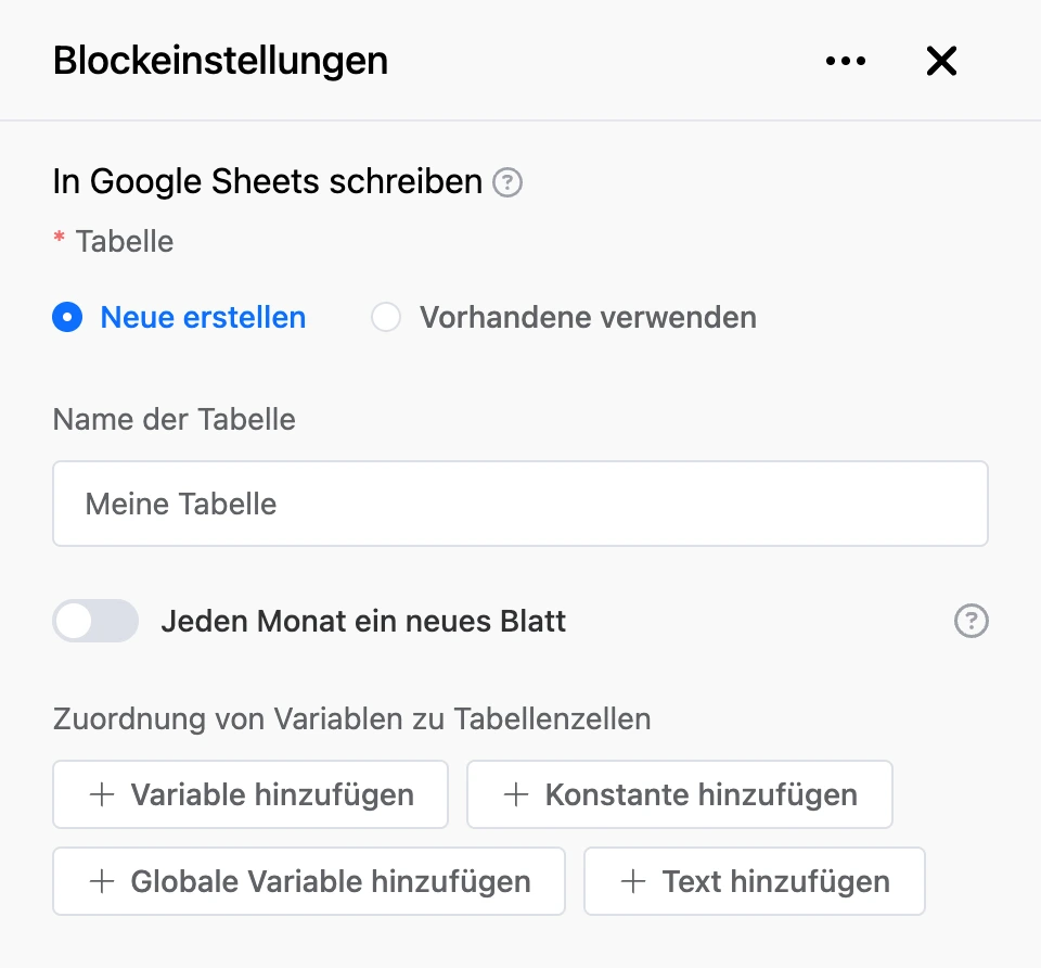Einstellungspanel des Blocks „In Google Sheets schreiben“