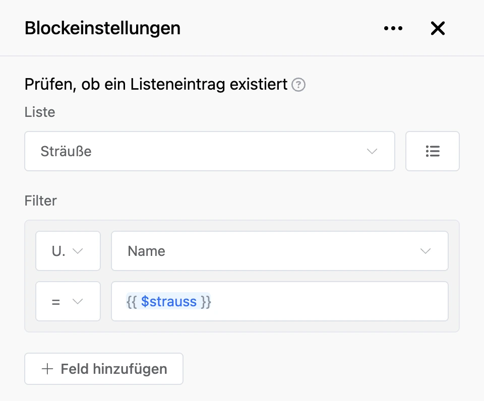 Einstellungspanel des Blocks „Prüfen, ob ein Listeneintrag existiert“
