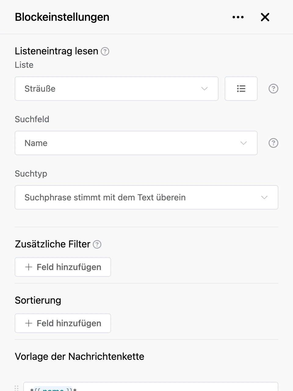 Einstellungspanel des Blocks „Listeneintrag lesen“