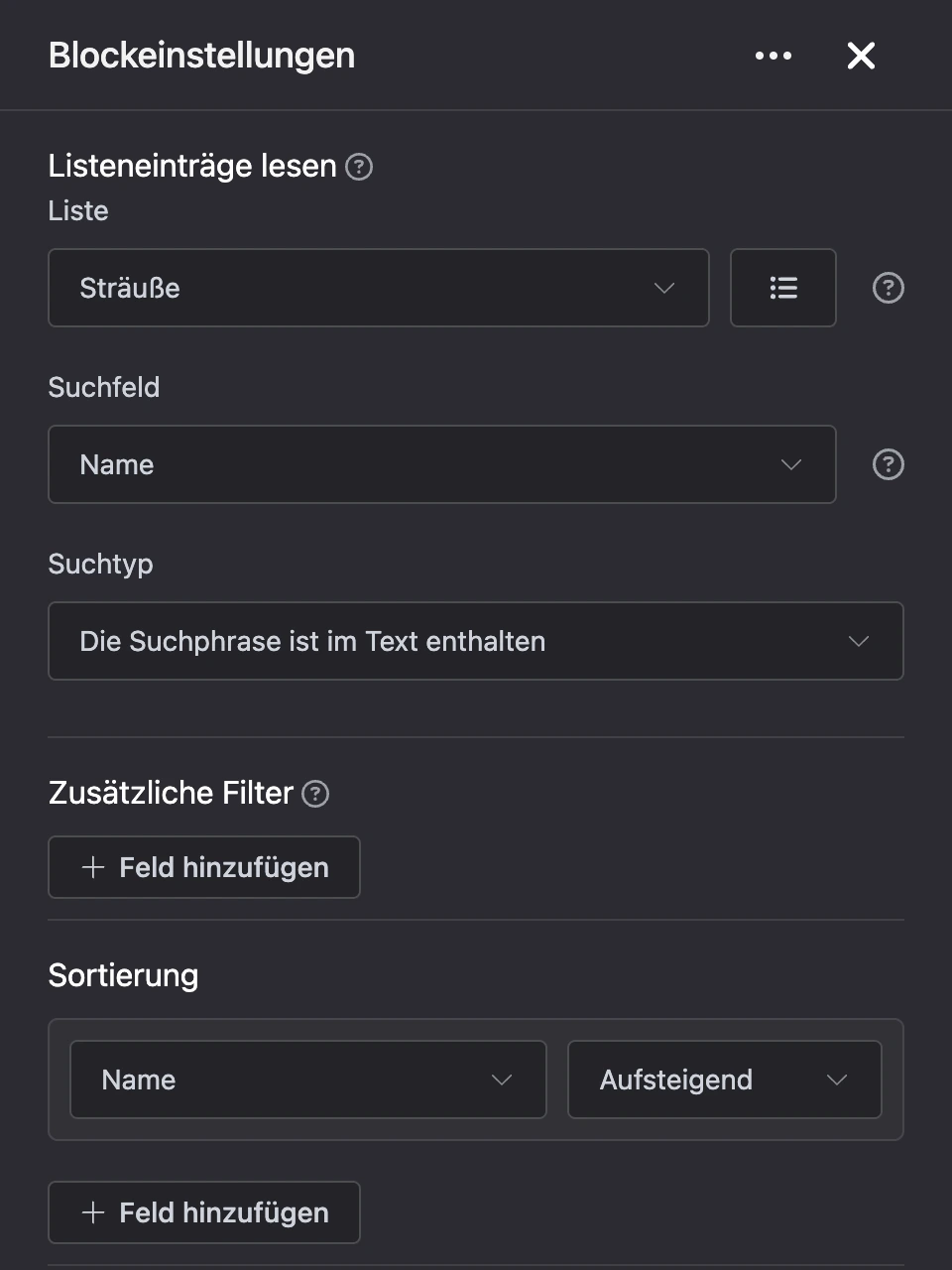 Einstellungspanel des Blocks „Listeneinträge lesen“