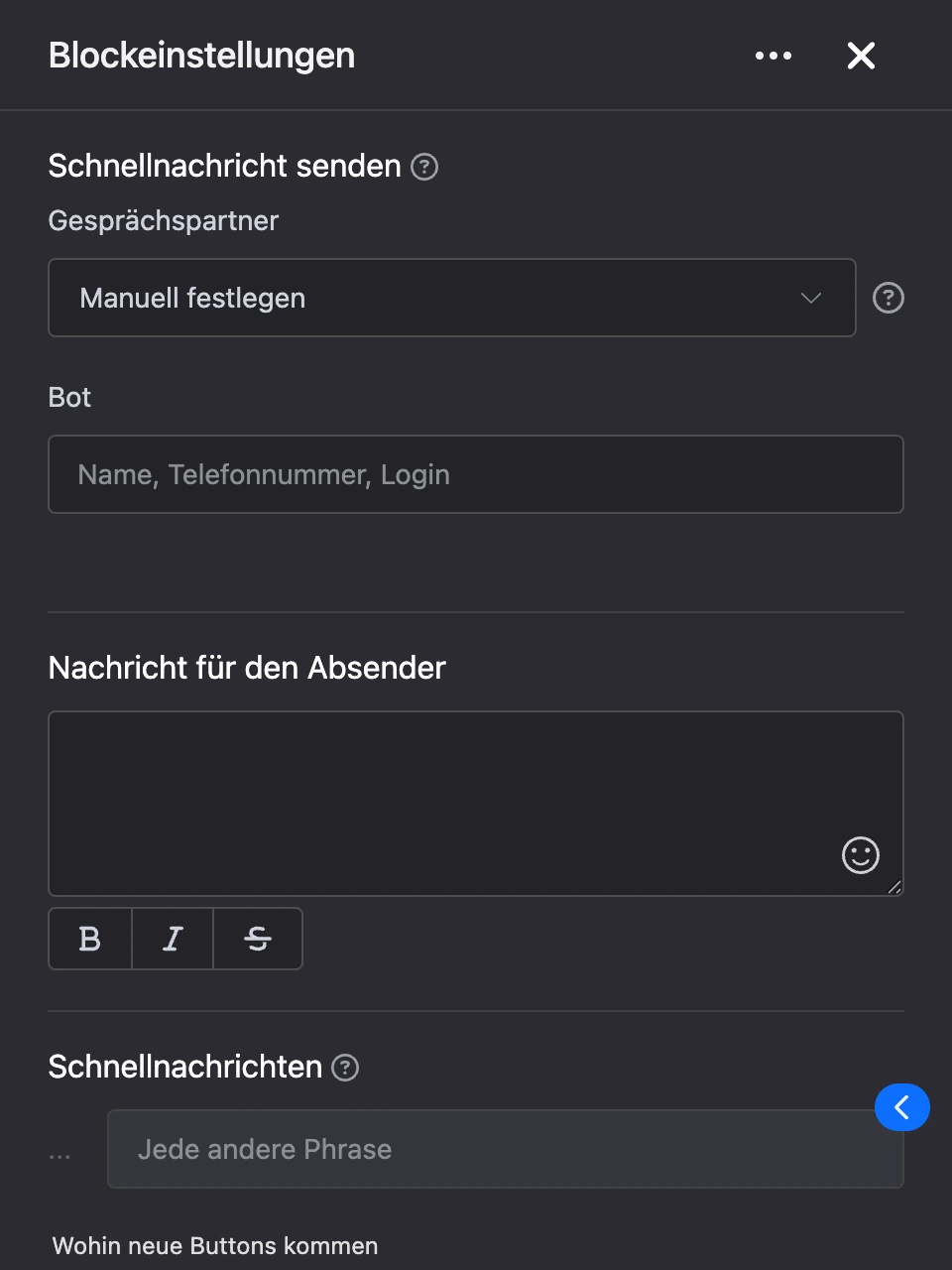 Einstellungspanel des Blocks „Schnellnachricht senden“