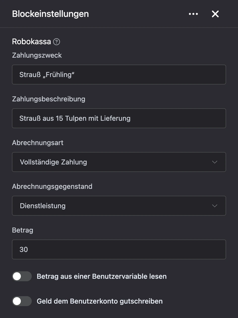 Einstellungspanel des Blocks „Robokassa“