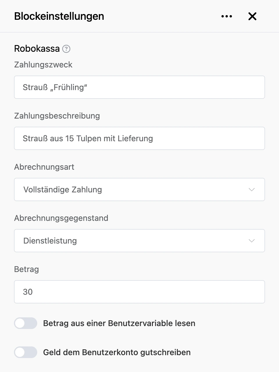 Einstellungspanel des Blocks „Robokassa“