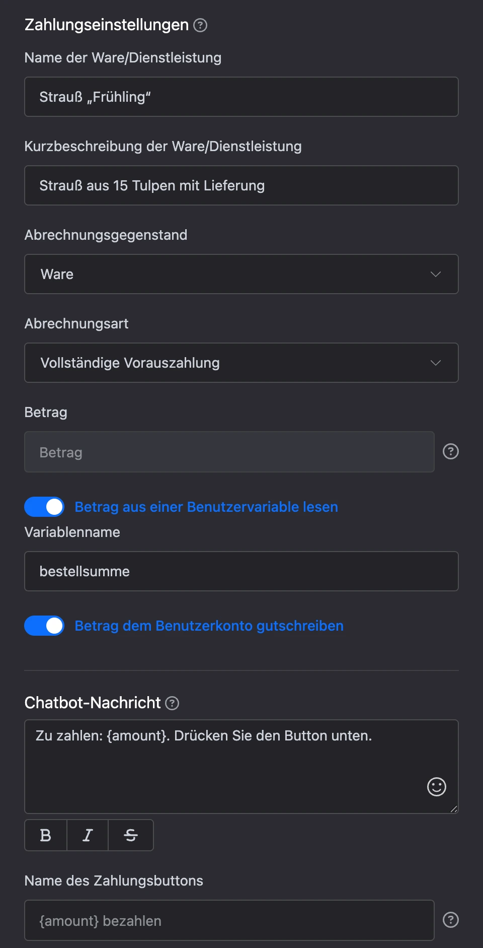 Einstellungen des Zahlungsblocks: Zweck und Beschreibung, Betrag aus einer Variable, Gutschrift auf das Kontaktkonto, Nachricht und Button