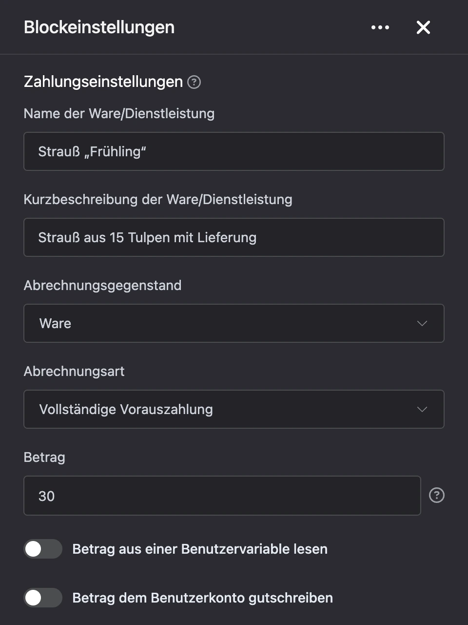 Einstellungspanel des Blocks „YooKassa“
