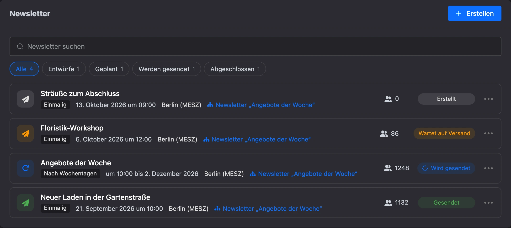 Liste der Newsletter des Bots: ein einmaliger, einer nach Wochentagen und ein abgeschlossener