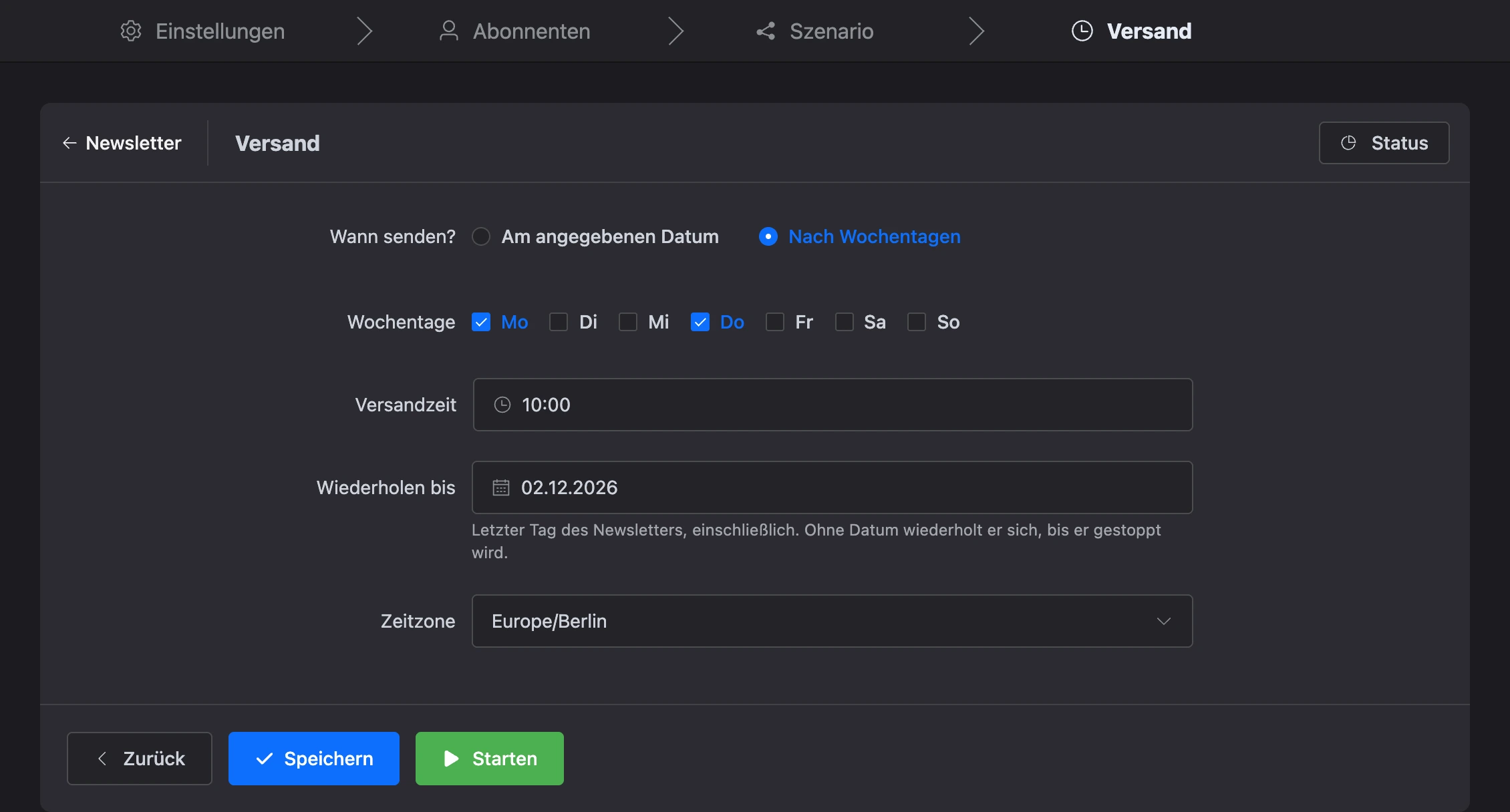 Schritt „Versand“: Newsletter nach Wochentagen mit Enddatum
