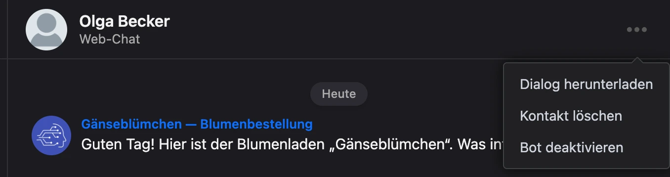 Menü „⋯“ im Kopf des Chats: Dialog herunterladen, Kontakt löschen, Bot deaktivieren