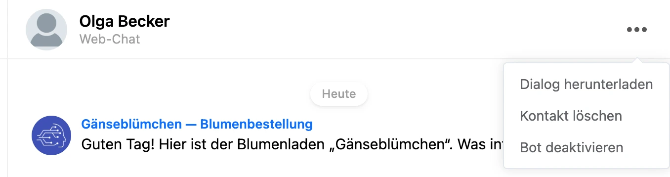 Menü „⋯“ im Kopf des Chats: Dialog herunterladen, Kontakt löschen, Bot deaktivieren