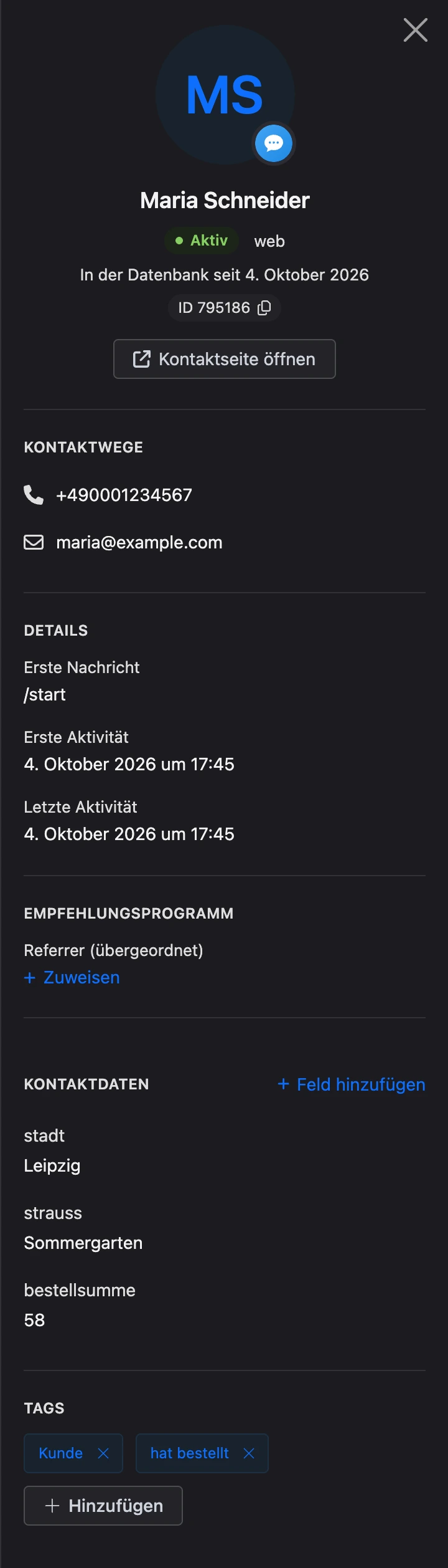 Kontaktpanel rechts vom Dialog: Kontaktwege, Details, Kontaktdaten und Tags