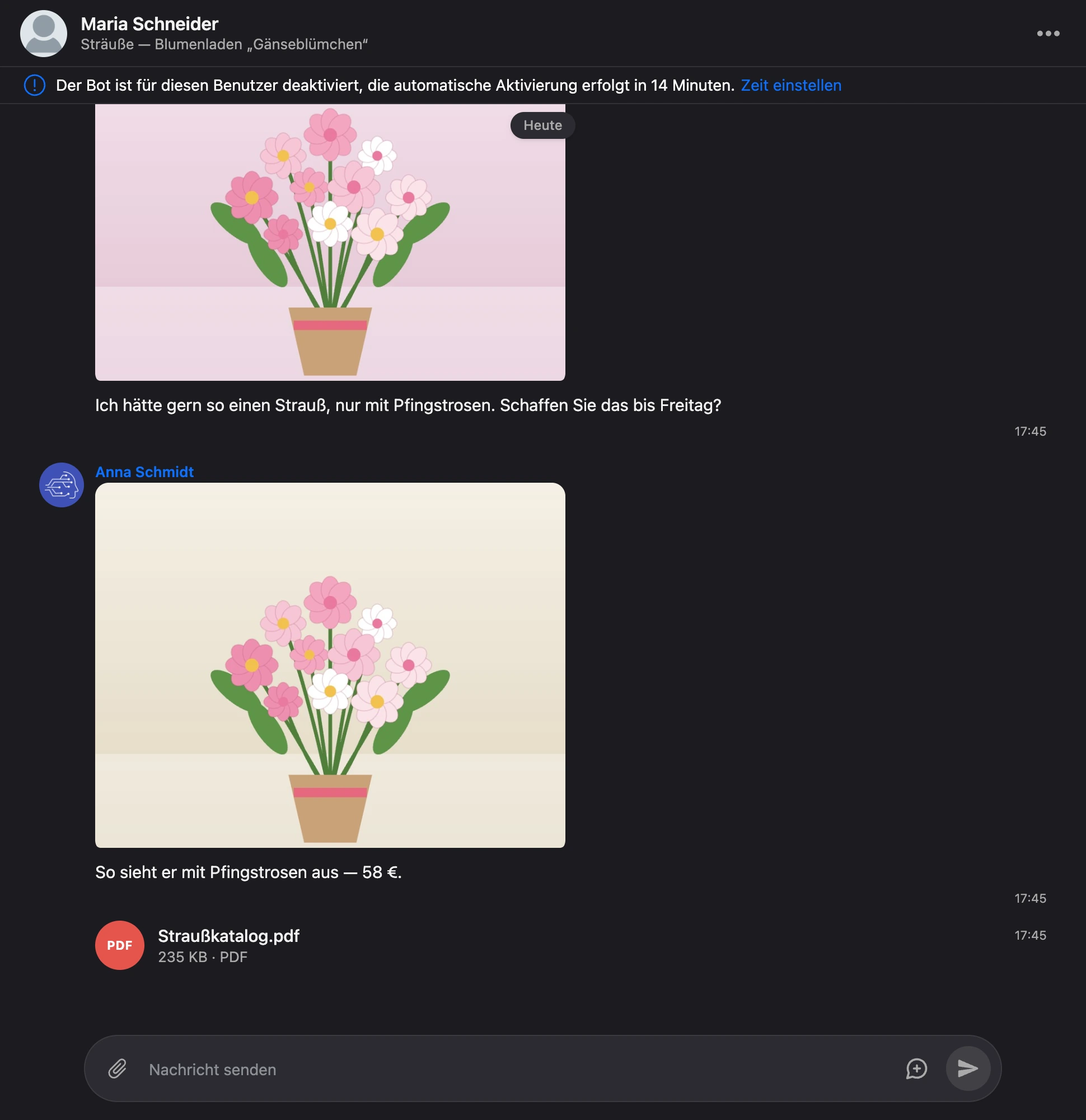 Dialog: im Kopf Name des Kontakts und Seite der Website, darunter ein Foto der Person sowie Foto und Datei eines Mitarbeiters