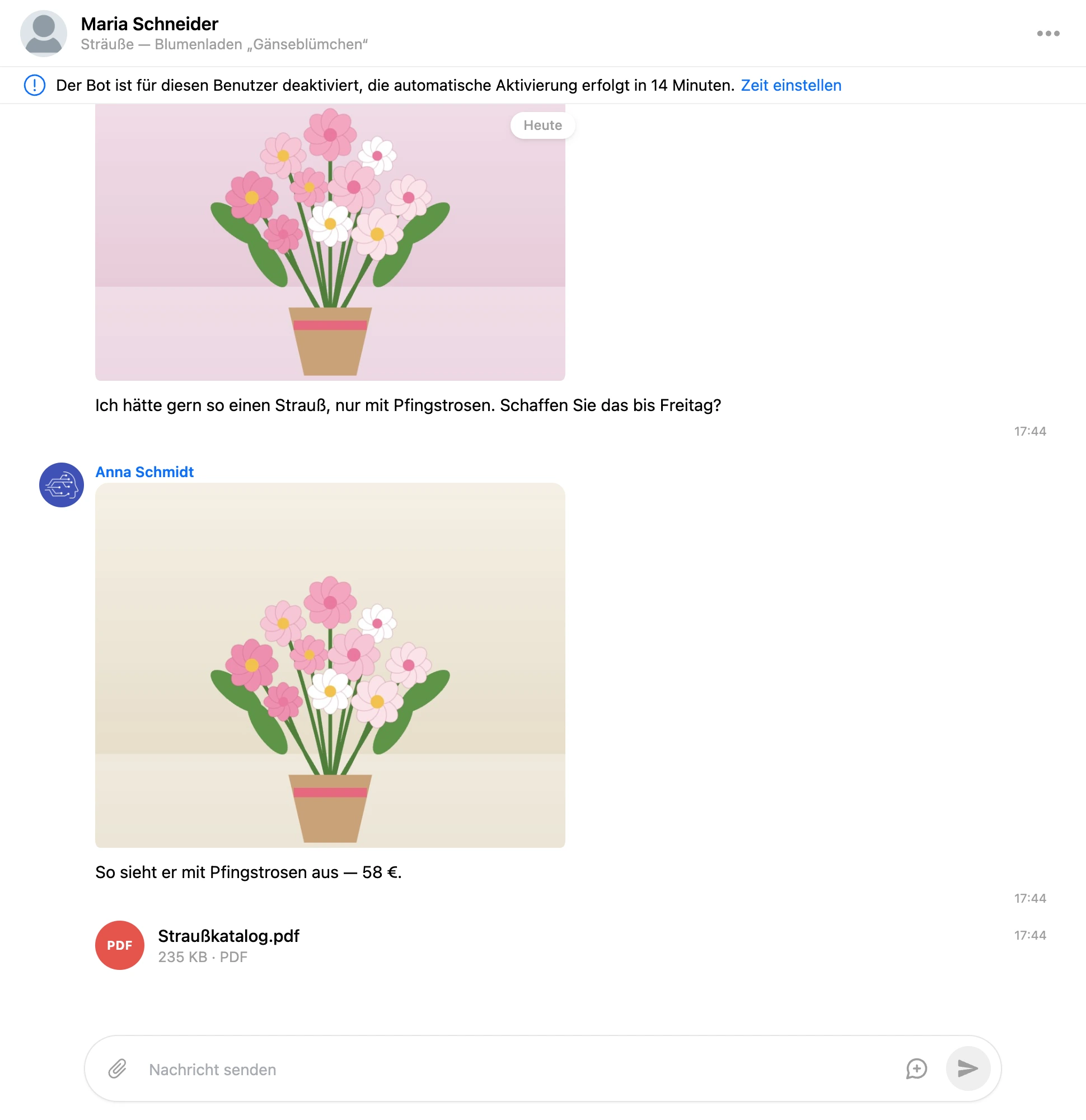 Dialog: im Kopf Name des Kontakts und Seite der Website, darunter ein Foto der Person sowie Foto und Datei eines Mitarbeiters