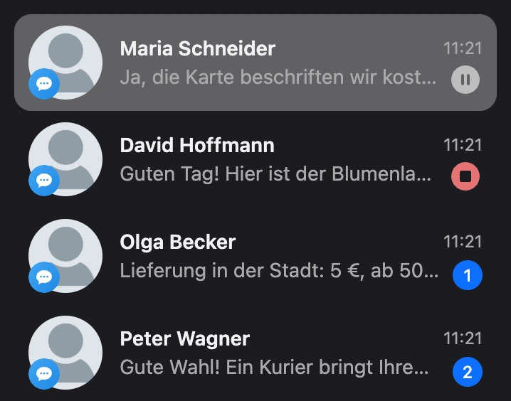 Dialogliste: Pausensymbol bei einem Kontakt, rotes Stoppsymbol bei einem anderen