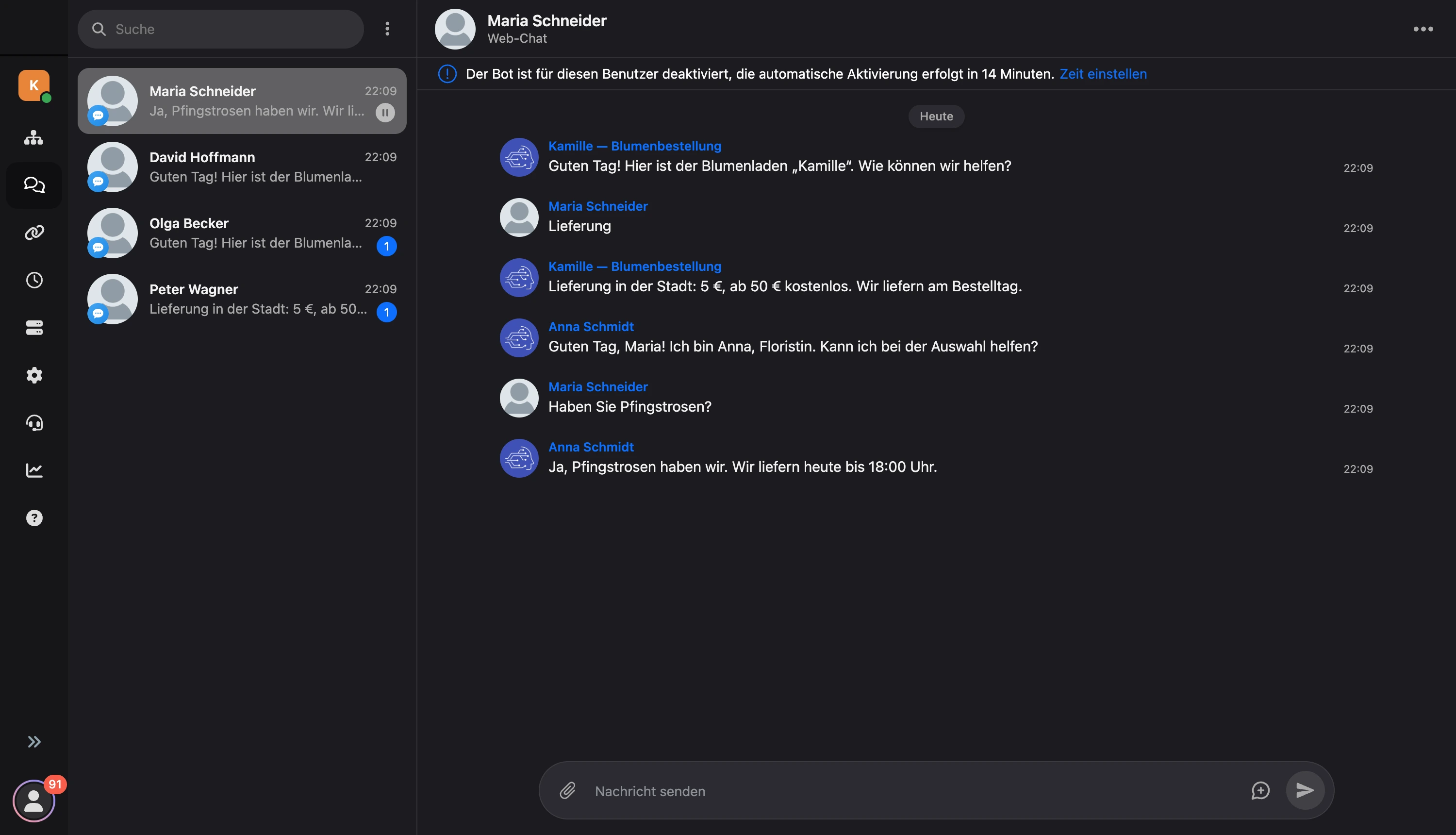 Bereich Nachrichten: Dialogliste, Schriftverkehr und Kontaktkarte