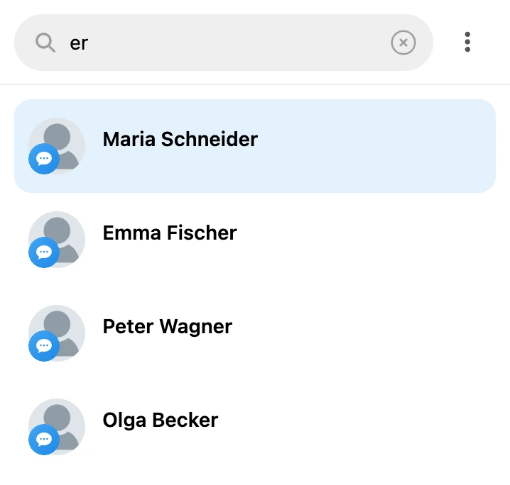 Suche nach einem Teil des Namens: unter dem Feld die gefundenen Kontakte