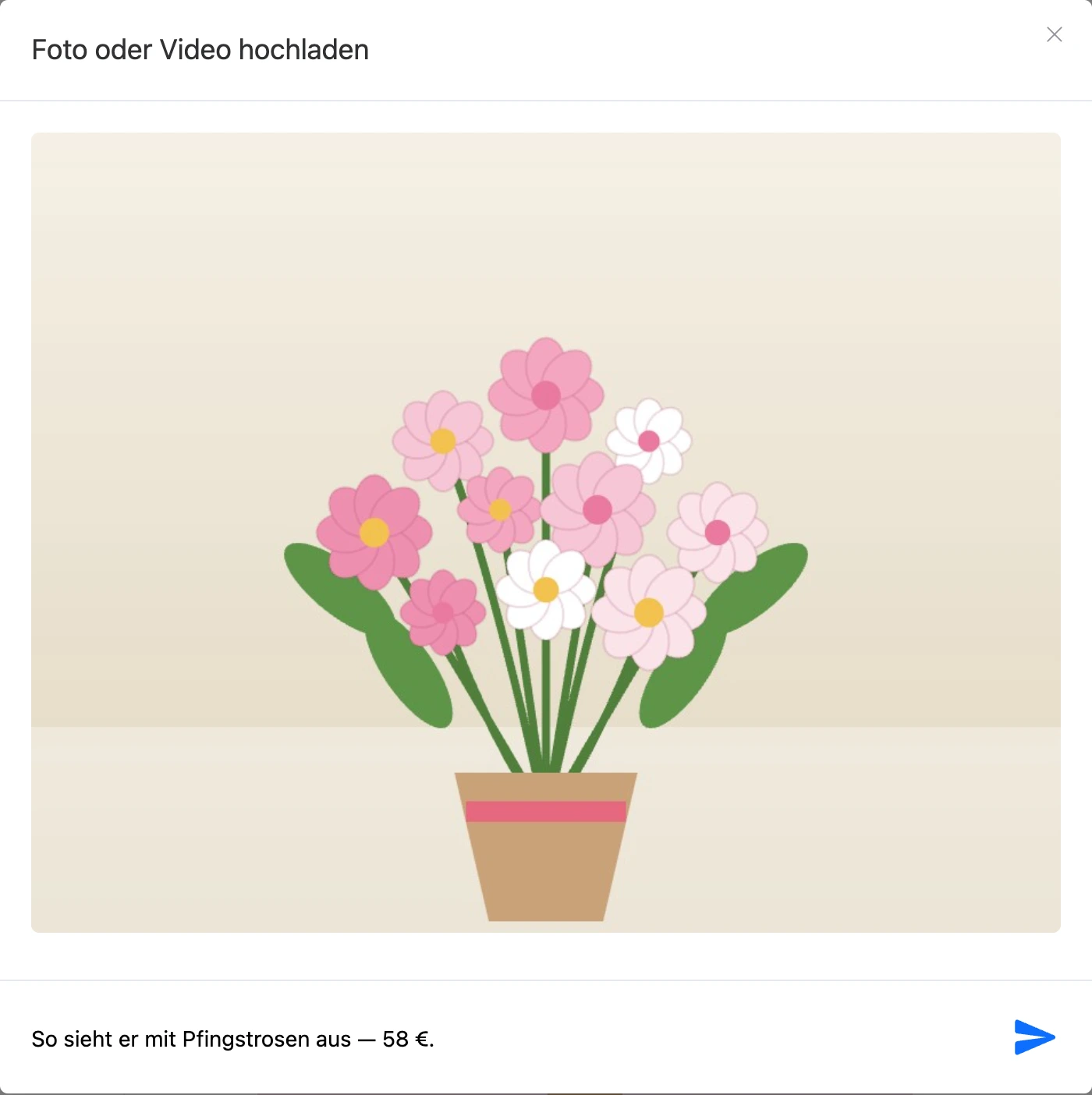 Fenster „Foto oder Video hochladen“ mit Bild und ausgefüllter Beschreibung