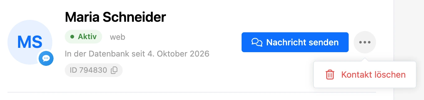 Kopf der Karte mit dem Menü „⋯“ und dem Punkt „Kontakt löschen“