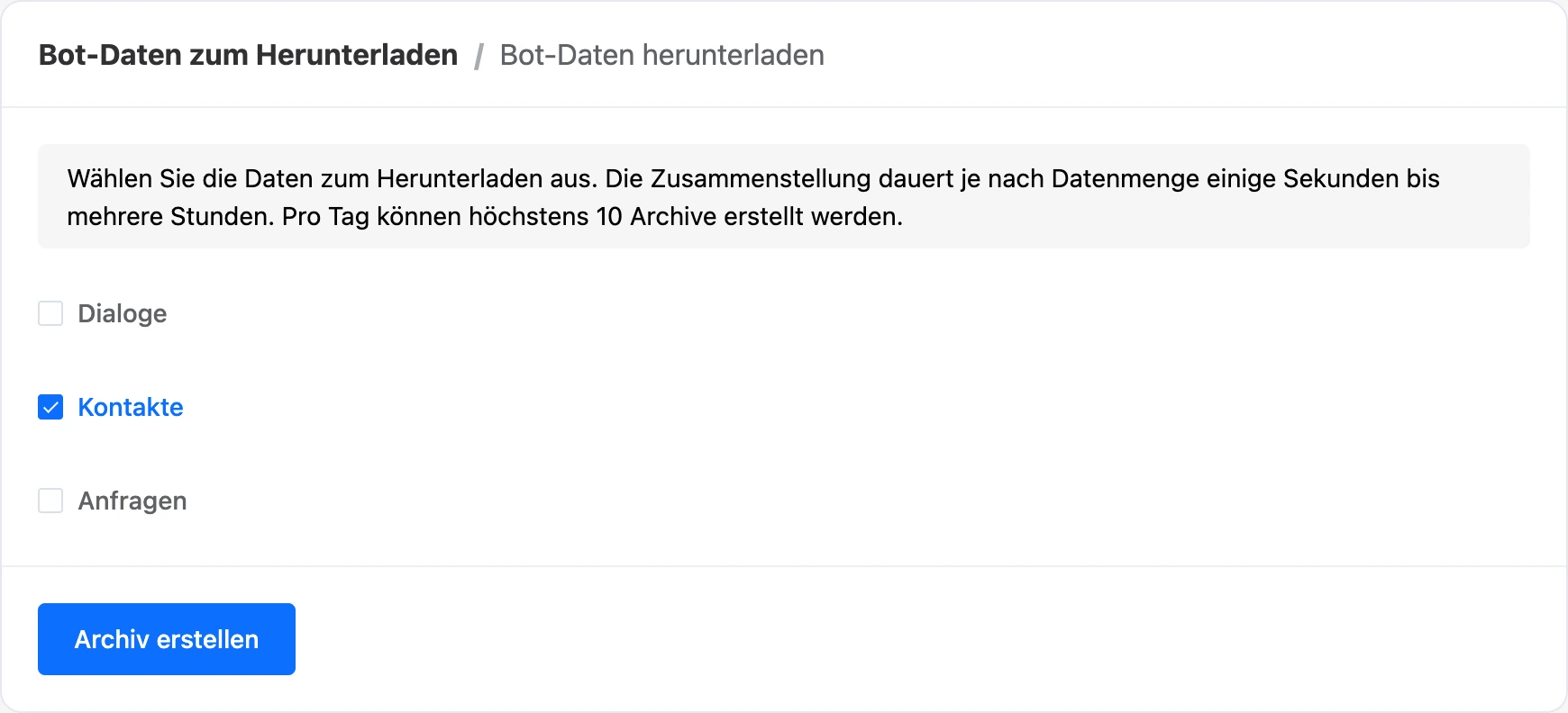 Die Seite „Bot-Daten herunterladen“ mit ausgewähltem Punkt „Kontakte“