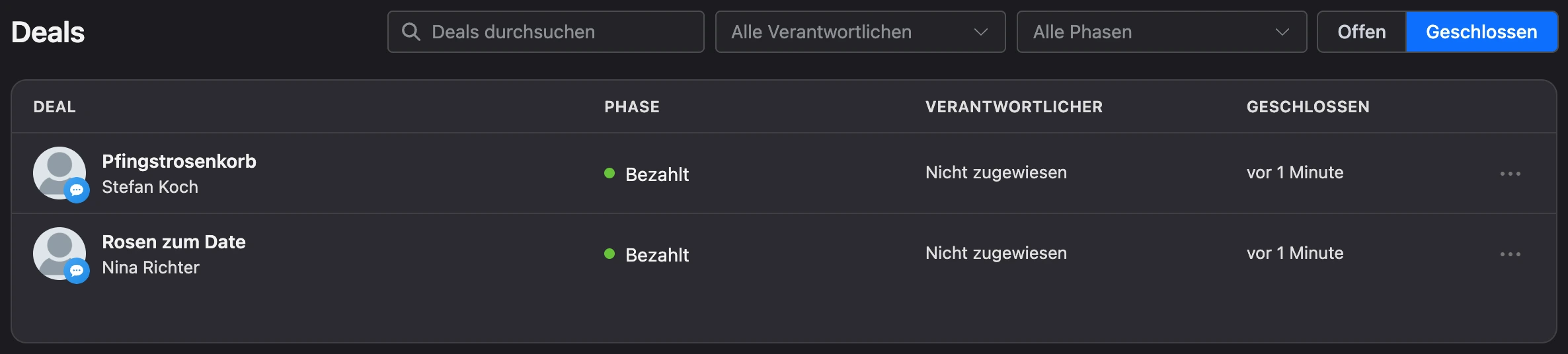 Geschlossene Deals mit der Spalte „Geschlossen“