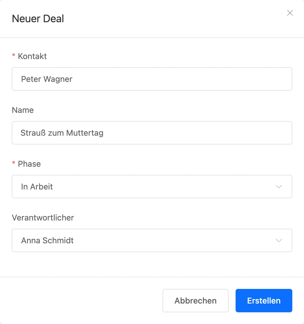Fenster „Neuer Deal“: Kontakt, Name, Phase und Verantwortlicher
