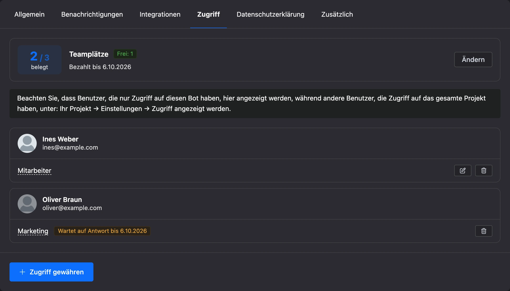 Registerkarte „Zugriff“: Teamplätze, ein Mitarbeiter mit Rolle und eine offene Einladung