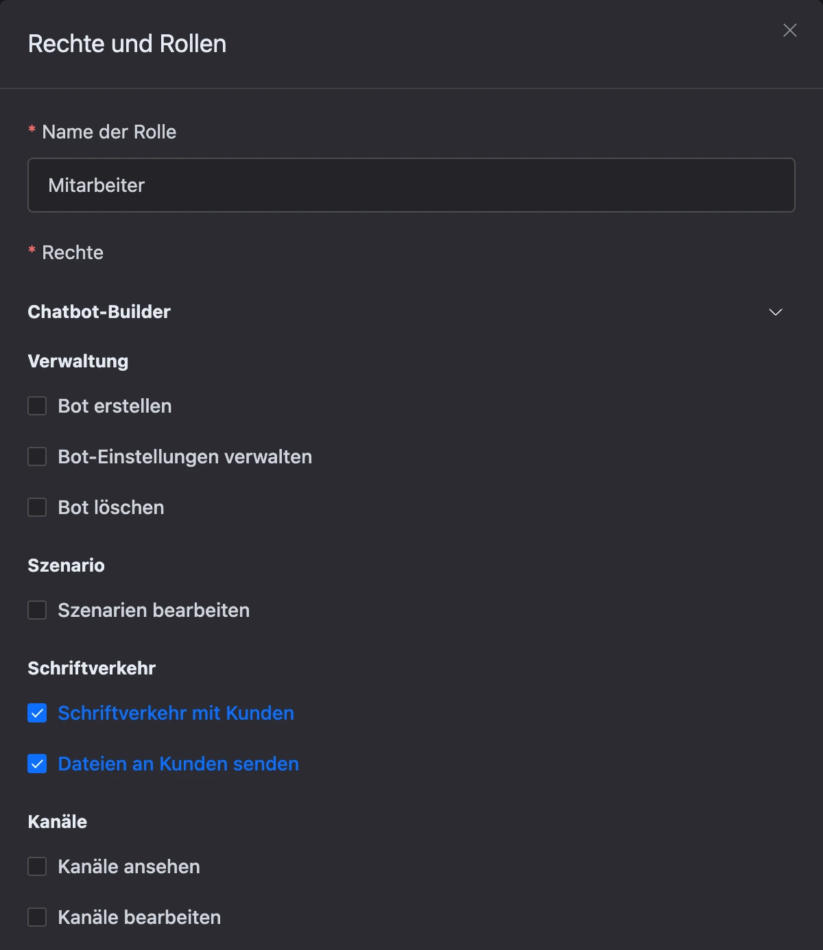 Fenster einer neuen Rolle mit markierten Rechten für die Korrespondenz