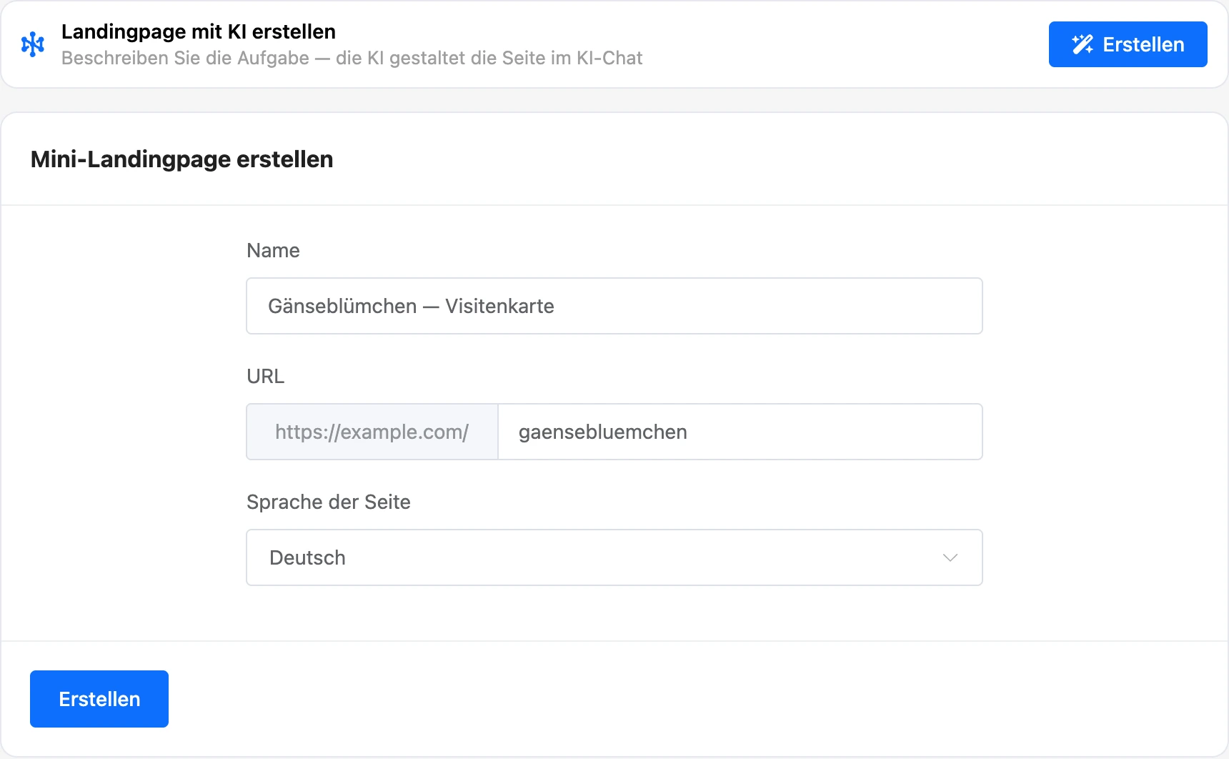 Formular „Mini-Landingpage erstellen“ mit dem Block „Landingpage mit KI erstellen“