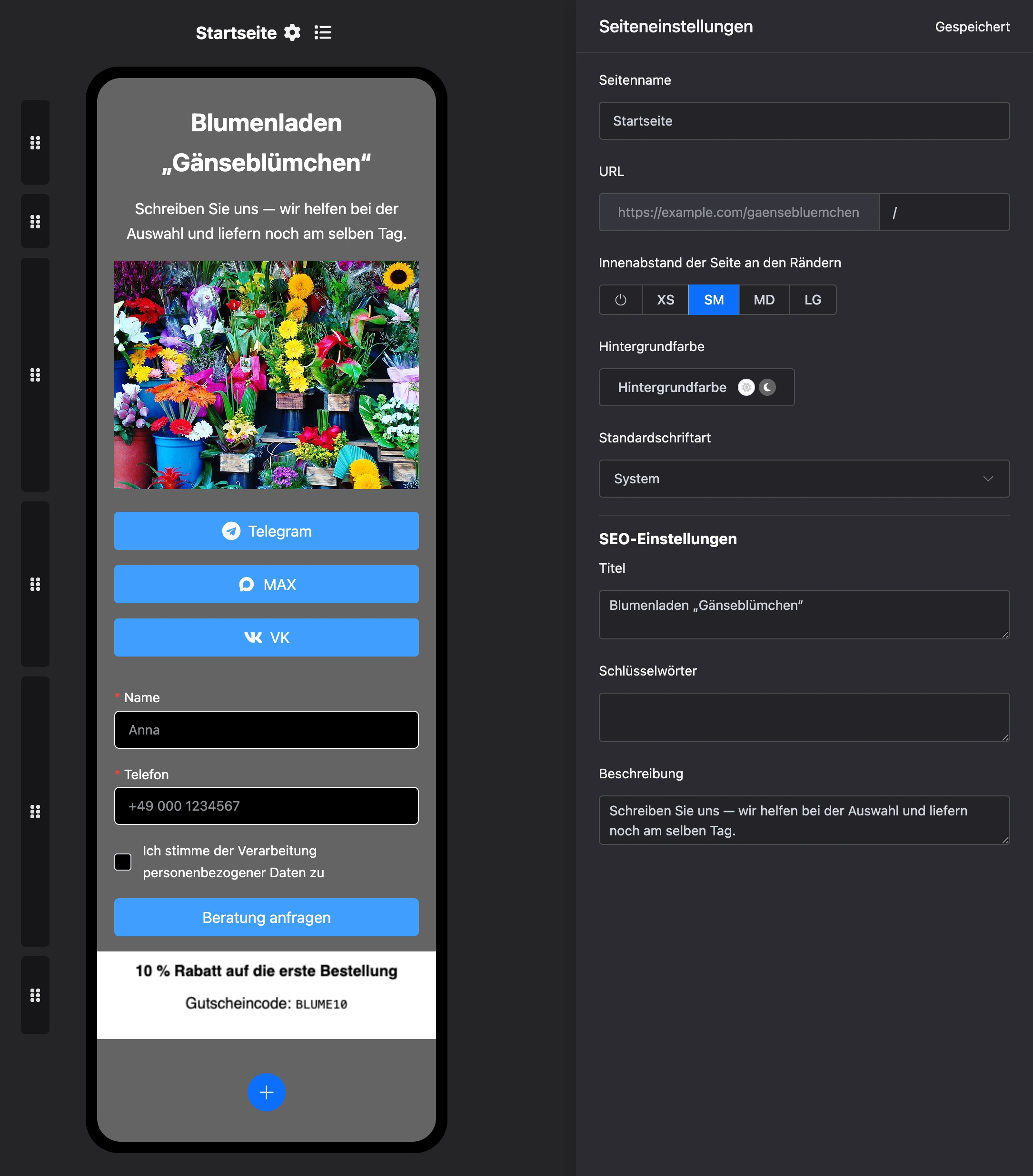 Seiteneinstellungen: Adresse, Hintergrund, Schrift und SEO