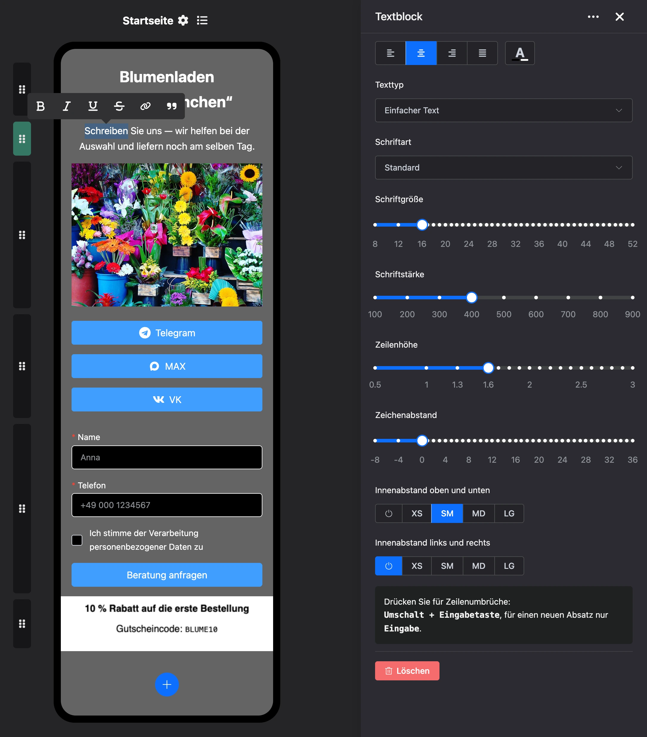 Textblock: Formatierungsleiste über dem markierten Wort