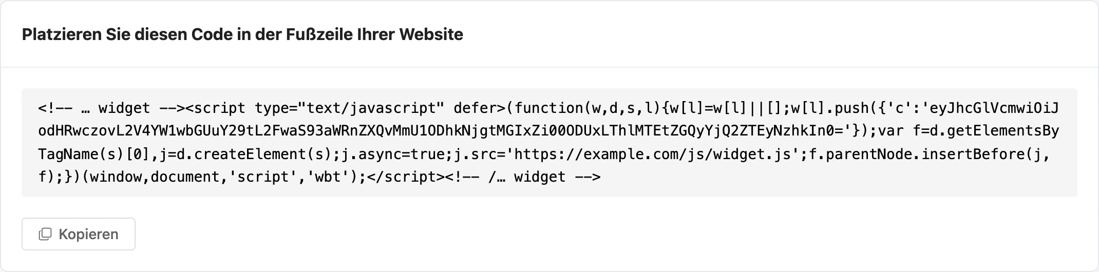 Widget-Code für die Website und die Schaltfläche „Kopieren“