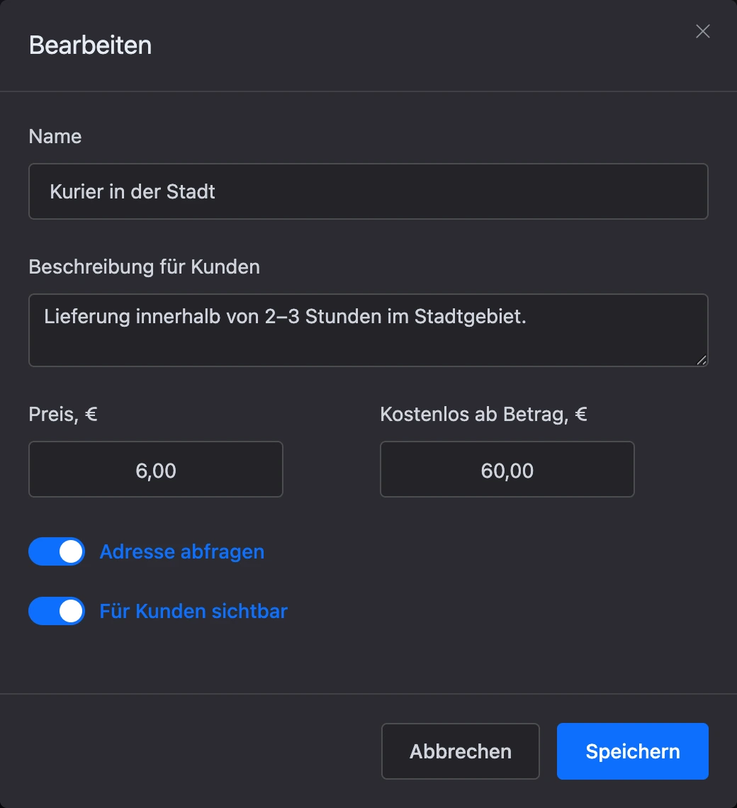 Fenster der Versandart